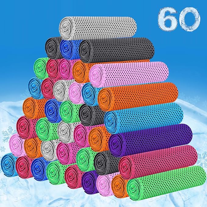 Shellwei 60 Pack Cooling Towels,40"x12" Ice Breathable Soft Chilly Sweat Rag Microfiber Workout Rags for Gym Cooling Towels for Neck and Face for Yoga Golf Sport Running (10 Colors)