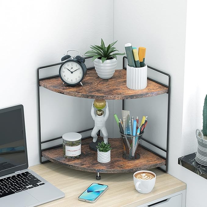 2 Tier Corner Shelf, Bathroom Organizer Countertop, Wooden Bathroom Trays for Counter Vanity Organizer, Makeup Cosmetic Storage Shelf, Kitchen Spice Rack, Rustic Brown