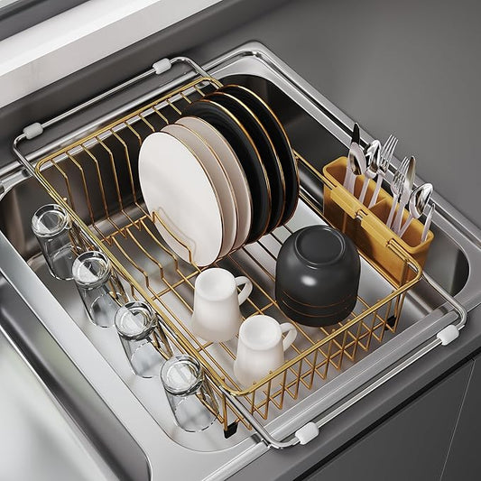 JASIWAY Gold in Sink Dish Drying Rack, Expandable Stainless Steel Small Dish Rack Over Kitchen Sink, Plate Drainer Strainer with Cutlery Holder & Cup Holders, Counter Space Saving Wire Dryer Rack