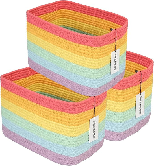 3-Pack Rainbow Storage Baskets 15X10X9.3“ – Woven Toy Organizer Bins for Kids, Baby Room, Nursery, and Classroom – Cute Square Rope Baskets for Shelves and Organization Rainbow