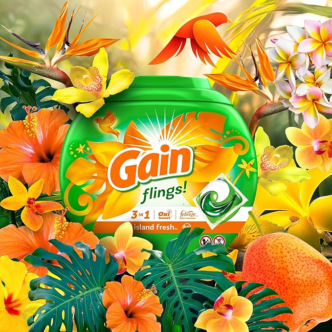 Gain Flings Laundry Detergent Pacs, 60 Count, Island Fresh Scent, with Odor Defense, concentrated laundry soap pacs (Pack of 4)