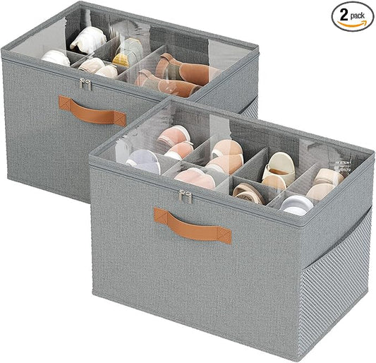 2 Pack Shoe Organizer for Closet,Foldable Shoe Storage Organizer with Adjustable Dividers, Shoe Storage Box with Clear Cover, Fits up to 16 Pairs, Gray