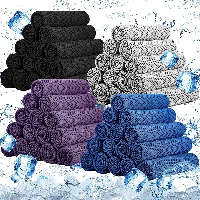 Shellwei 80 Count Cooling Towel Bulk 40 x 12 Inch Double Layer Microfiber Chilly Cold Towel for Neck Gym Yoga Running Workout Sports(Black, Purple, Gray, Blue)