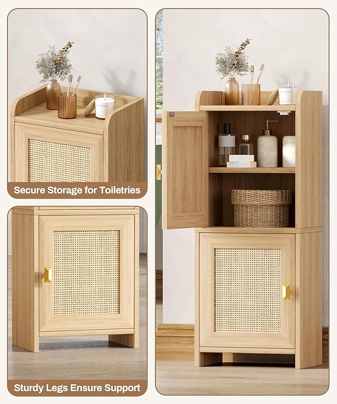 Rattan Small Bathroom Cabinet with 2 Doors, 7.9''D x 11.8''W Narrow Toilet Paper Storage Cabinet, Bathroom Organizer for Small Space, Wooden Slim Corner Unit with Adjustable Shelf, Natural Oak