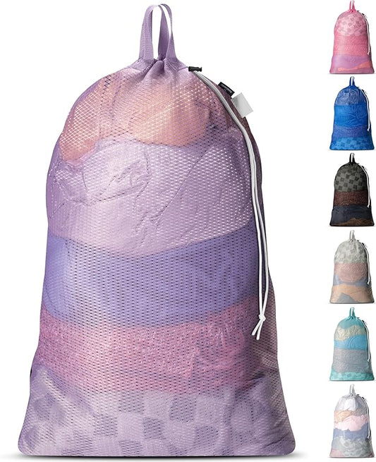 Large Mesh Laundry Bags - Heavy Duty with Handles & Drawstring - Machine Washable Net Laundry Sacks for College Dorm, Camp, Travel, Bedding & Clothes Storage (Purple)