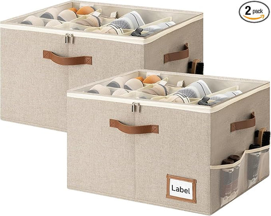 StorageWorks Shoe Organizer for Closet, 2 Pack Shoe Storage Boxes with Clear Lid, Stackable Shoe Storage Organizer for Sandals and Slippers, Fabric Shoe Bins for Closet, Holds 16–32 Pairs, Taupe