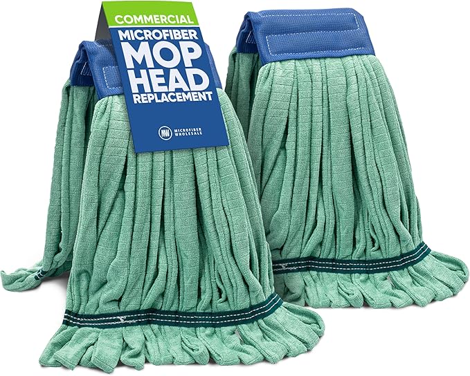 Commercial Mop Head Replacement - 2 Pack Large Green Microfiber Tube Mop | Industrial Wet Mops | Washable Refill, Reusable, Heavy Duty, Looped End Mopheads | Hardwood, Concrete