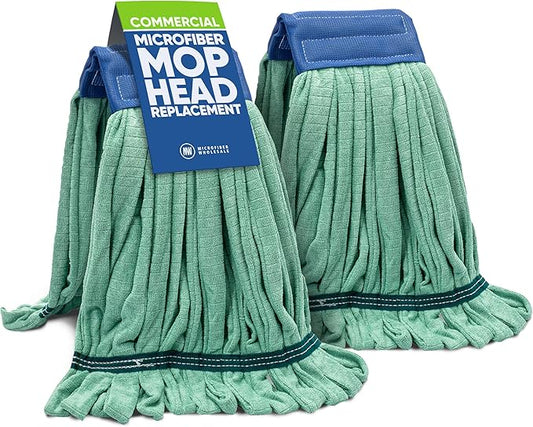 Commercial Mop Head Replacement - 2 Pack Large Green Microfiber Tube Mop | Industrial Wet Mops | Washable Refill, Reusable, Heavy Duty, Looped End Mopheads | Hardwood, Concrete