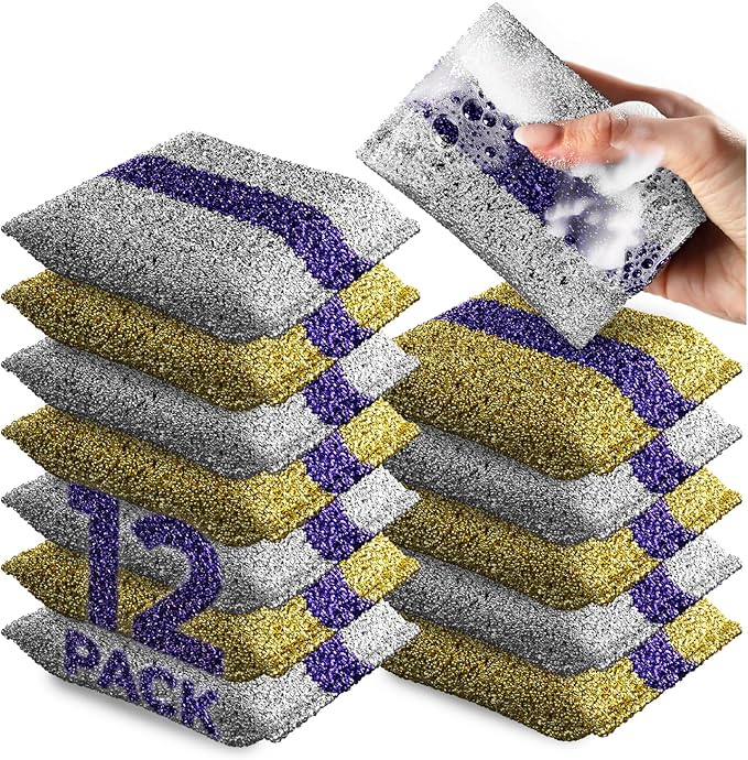 HELOMOR 12 Pack Dish Wash Sponges for Kitchen, Heavy Duty Non Scratch Dish Sponge, Wire Scrub Sponges for Cleaning Cookware, Glass, Countertops, Pans, Pots with Special Scrubbing Strip