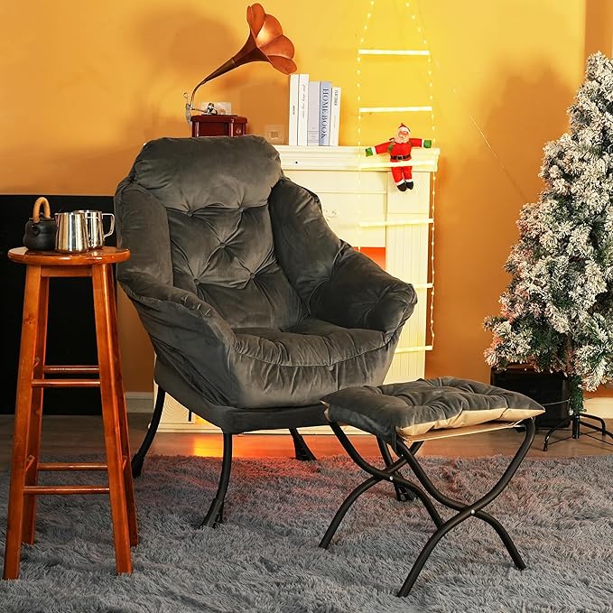 Kokel Lazy Chair with Folding Ottoman,Living Room Chairs, Accent Contemporary Lounge Chair, Single Steel Frame Leisure Sofa Chair with Armrests and A Side Pocket (Dark Gray)