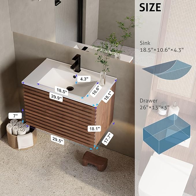 eclife 30" Floating Bathroom Vanity with Sink Combo Mid-Century Wall Mounted Cabinet with Wood Stripes Decor, Drawers, Undermount Sink, Faucet, Drain, Cocoa Brown