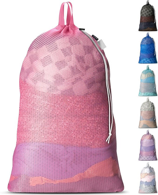 Large Mesh Laundry Bags - Heavy Duty with Handles & Drawstring - Machine Washable Net Laundry Sacks for College Dorm, Camp, Travel, Bedding & Clothes Storage (Pink)
