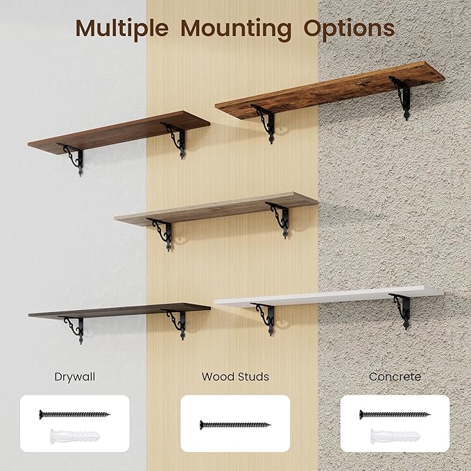 RICHFOCUS Floating Shelves for Wall Decor, 35.4W x 8D Wall Shelves Set of 2, 8 Inch Deep Rustic Wood Shelves Wall Mounted with Brackets, Long Floating Shelves for Living Room Bedroom Kitchen, Grey