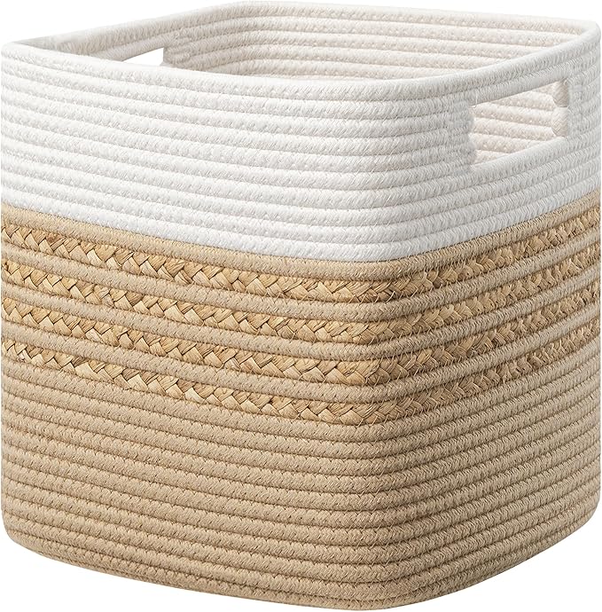 UBBCARE Storage Cubes 11 X 10.5 X 10.5 in, Water Hyacinth Storage Bins for shelves, Toys, Book, Storage Baskets with Handles, Cotton Rope Woven Baskets for Organizing, Brown