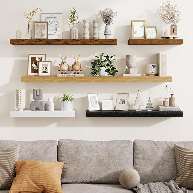 Fun Memories Floating Shelves 48 Inch, Extra Large Wood Shelf Set of 2, Hanging Wall Shelves for Bathroom, Living Room, Kitchen, Bedroom, Oak