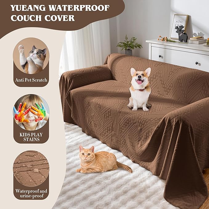 Waterproof Sofa Cover, Reversible, Pet-Friendly, Washable and Anti-Slip Couch Covers for Sofa Protection with 4 Cushions, Sofa Slipcovers for Dogs and Cats (71×150in/Brown)