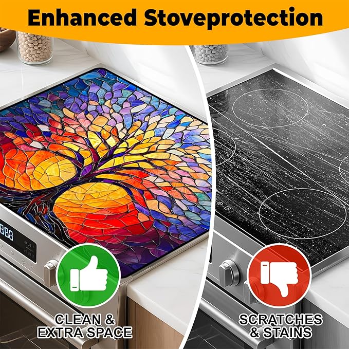 Stove Top Cover Retro Flower Gas Stove Top Cover for Home Decoration Kitchen Pad Non-Stick Washable Cooktop Covers Countertop Protector Keep Stove Clean 28"x20" (Tree of Life-2)