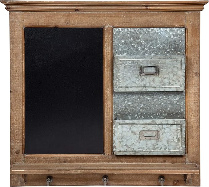 Kate and Laurel Idamae Wood Framed Chalkboard Wall Organizer with Mail Holders and Key Hooks, 28" x 25", Rustic Brown, Farmhouse-Inspired Chalkboard