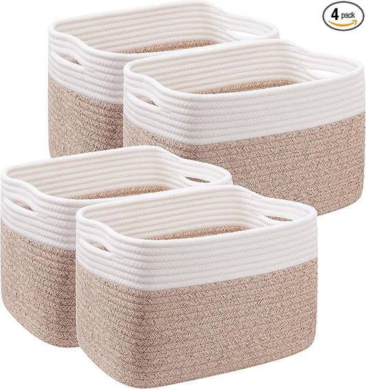 Storage Baskets for Shelves Set of 4 Woven Baskets for Closet Rectangle Toy Bin for Baby Nursery 12.7"Lx9"Wx7.9"H Brown & White