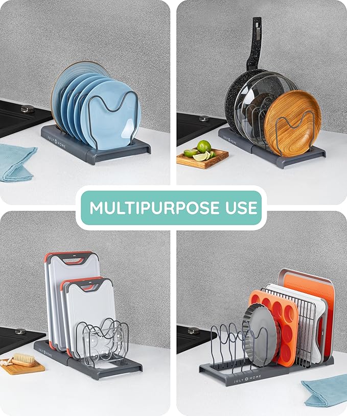 JULY HOME Expandable Pot and Pan Organizer Rack for Cabinet, Pot Lid Organizer Holder with 7 Adjustable Compartments, Cutting Board, Cookware, Bakeware & Frying Rack Organizer for Cabinet (Gray)