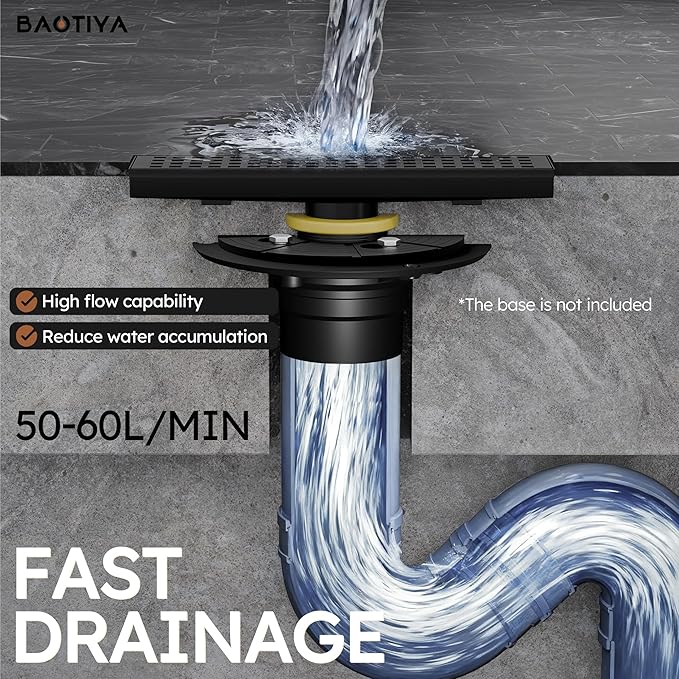 Linear Shower Drain 12 Inch, Modern Rectangle Shower Floor Drain with Removable Quadrato Pattern Grate, Stainless Steel SUS 304, Linear Drain with Leveling Feet& Hair Strainer
