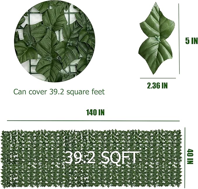 Artificial Ivy Privacy Fence Screen: 140"x 40"(39.2 SQFT) UV-Anti Faux Hedge Fence and Fake Ivy Vine Leaf Wall Panels for Indoor&Outdoor Green Backdrop, Garden Greenery Decor