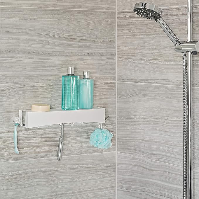 Better Living Clever Flip Shower Shelf, Basket or Shelf, Wall Mounted Shower Caddy Organizer with Removable Hooks, Multi-Purpose, No Drilling Adhesive, 16.88" x 4" x 2.88", White