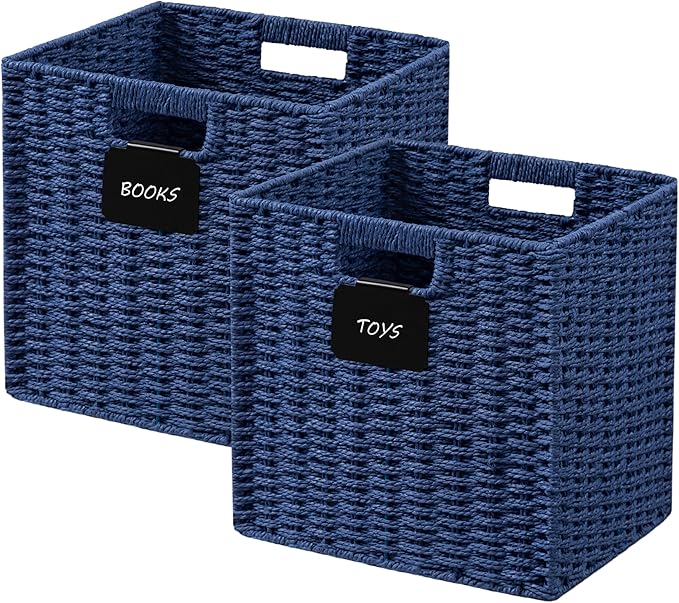 UBBCARE 2 Pack Wicker Basket, 10.5×10.5 Storage Cubes with Label, Foldable Cube Storage Bin with Handle, Square Storage Basket for Shelves, Woven Paper Rope Basket for Organizing, Blue