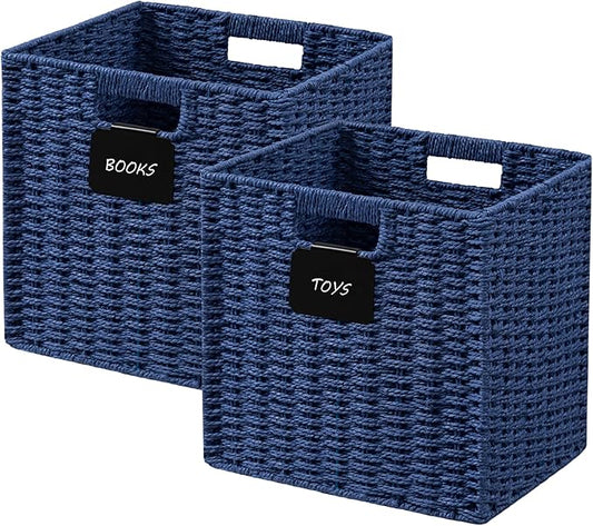 UBBCARE 2 Pack Wicker Basket, 10.5×10.5 Storage Cubes with Label, Foldable Cube Storage Bin with Handle, Square Storage Basket for Shelves, Woven Paper Rope Basket for Organizing, Blue