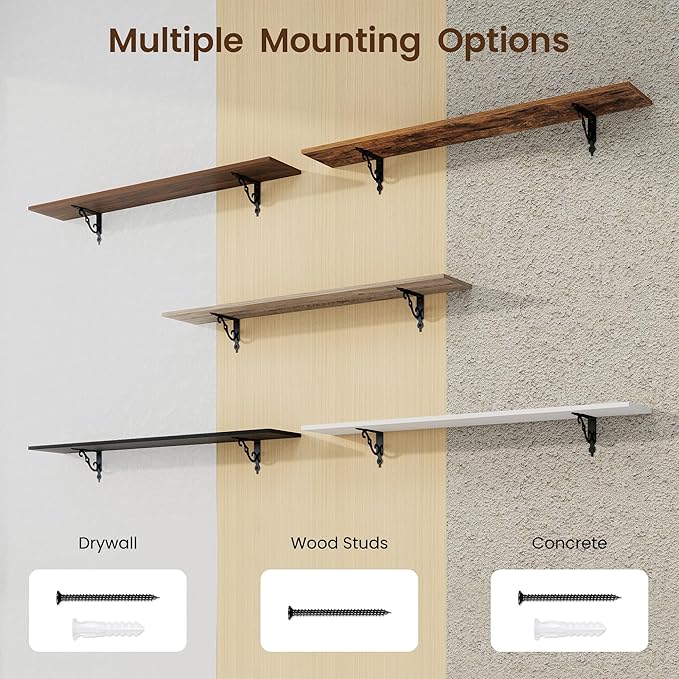 RICHFOCUS Floating Shelves for Wall Decor, 47.3W x 8D Shelves Set of 2, 8 Inch Deep Rustic Wood Shelf Wall Mounted with Brackets, Long Shelves for Living Room Bedroom Kitchen, Rustic Brown