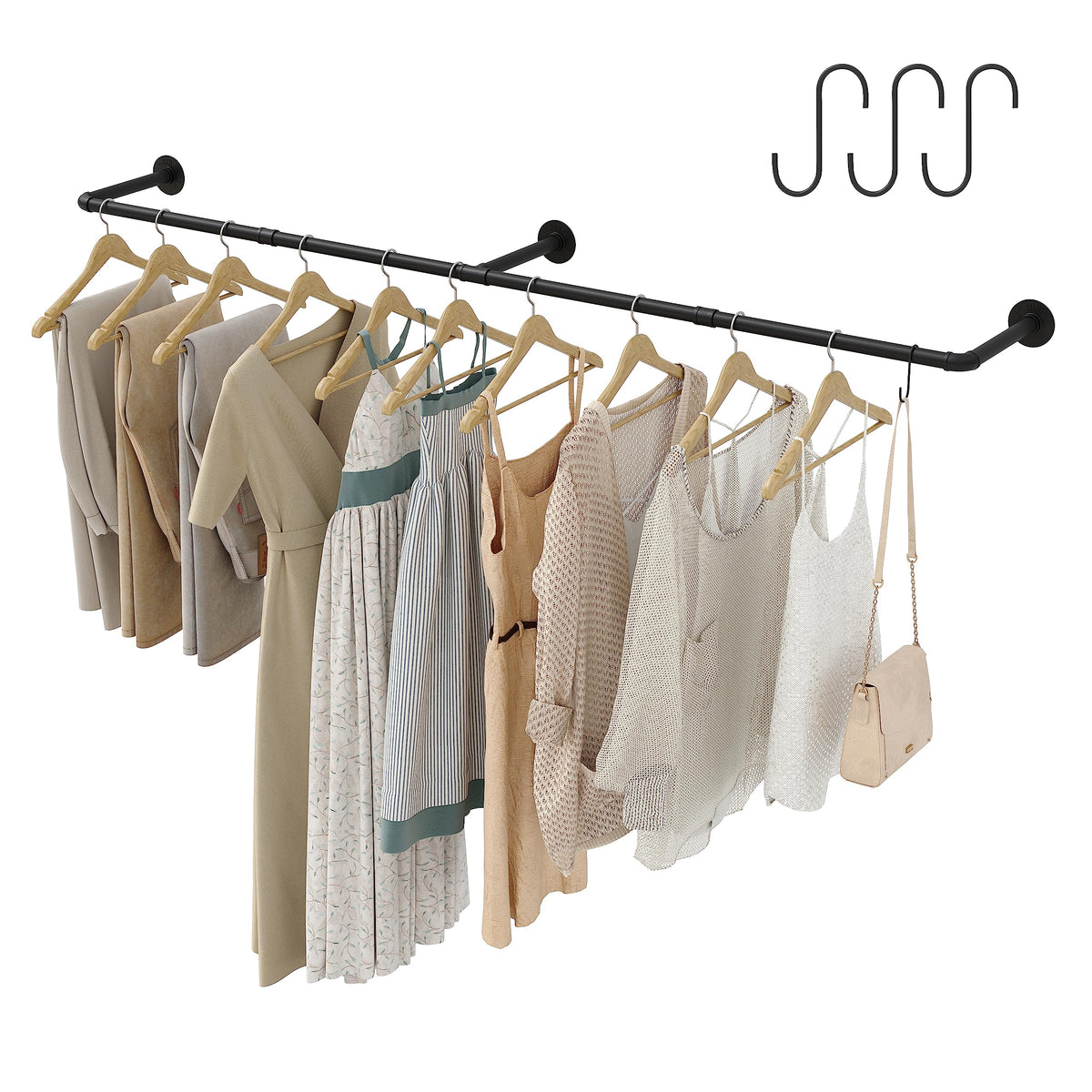 Industrial Pipe Clothes Rack with 3 Hooks, 72’'L Wall - Image 1