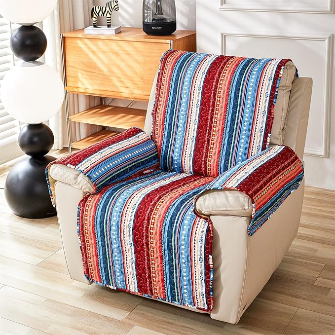 Cmfshape Skidproof Sofa Cover-Boho Sofa Slipcover with Elastic Straps-Easy Fit Slip Cover-Bohemian Washable Furniture Protector for Pets and Kids(Recliner,Blue)