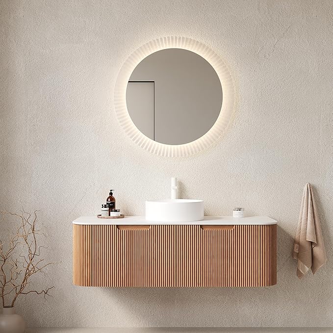 KEIKI 48" Bathroom Vanity with Sink, Wall-Mounted Floating Vanity with Curved Edges & 3D Striped Drawer Fronts, White Round Ceramic Basin, Pre-Assembled Storage Cabinet, Natural Wood