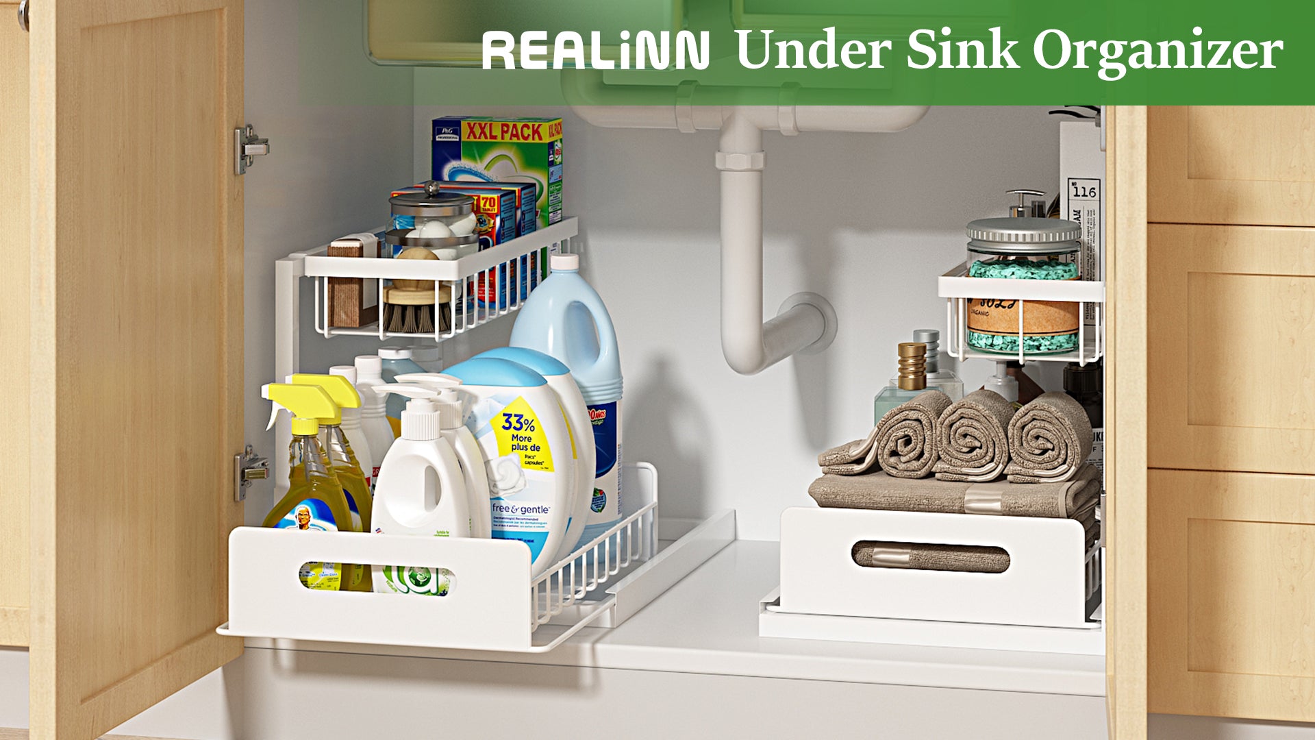 REALINN Under Sink Organizer, L-Shaped 2 Tier Pull O | Home Organizati - Image 8