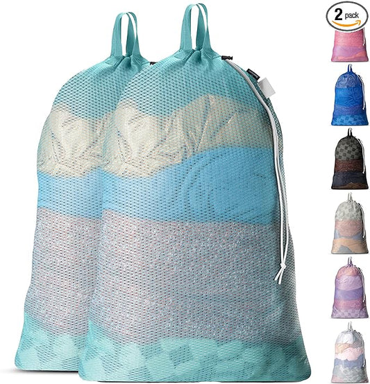 Large Mesh Laundry Bags - 2-Pack Heavy Duty with Handles & Drawstring - Machine Washable Net Laundry Sacks for College Dorm, Camp, Travel, Bedding & Clothes Storage (Teal)