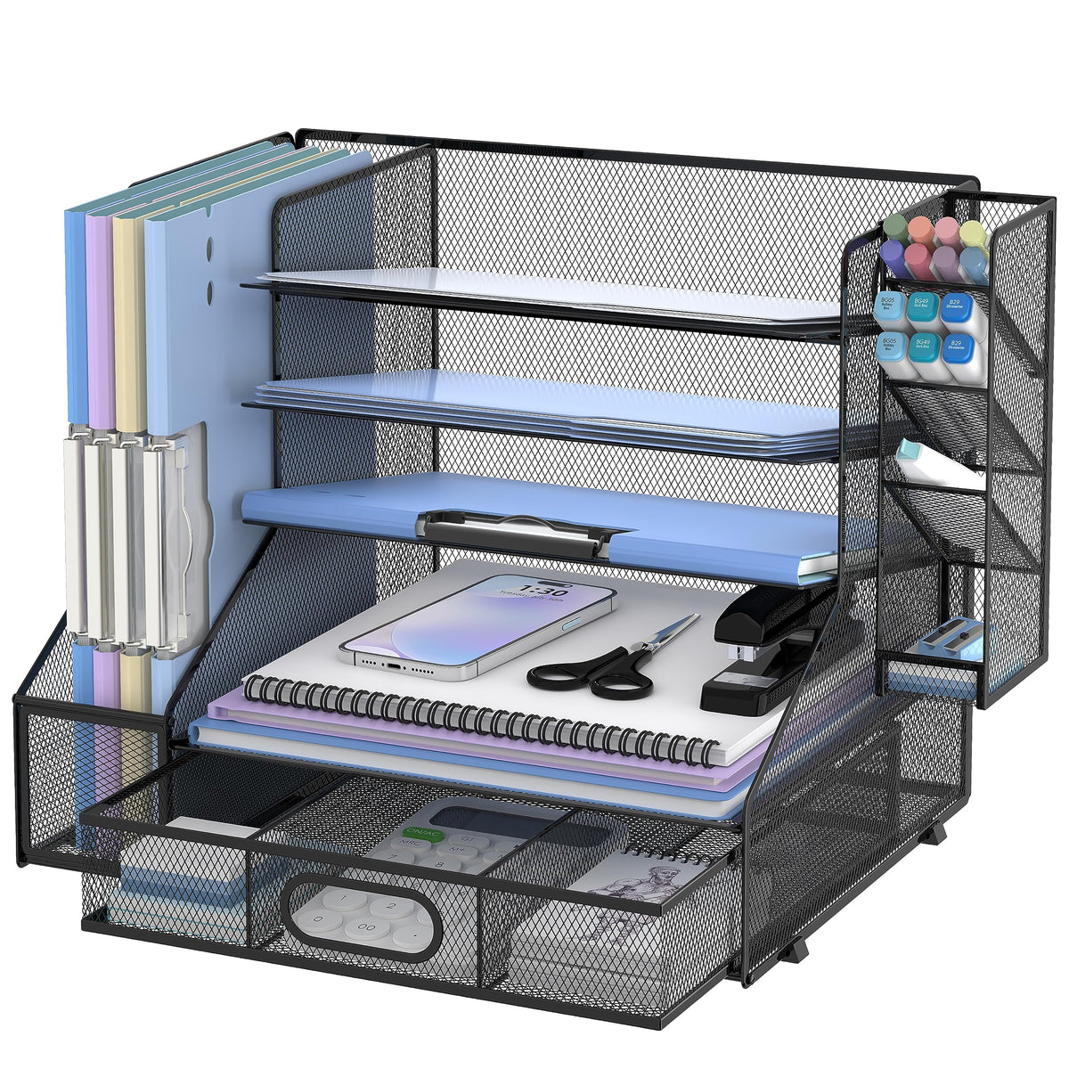 Desk Organizer with 5 Tier File Holder and Sliding Drawer Pen - Image 1