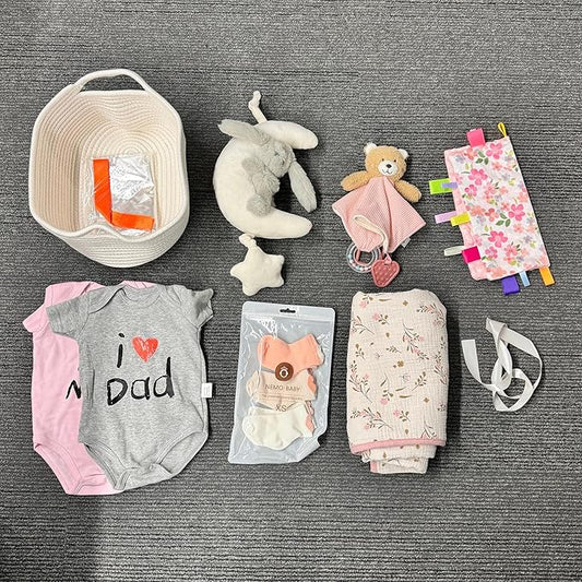 CREVENT Gift Set for Girls Boys -Diaper Caddy Organizer Basket with 1 Blanket, 1 Taggie, 1 Lovey, 3 Socks，2 Baby Bodysuits, 1 Crib Mobile, 1 Gift Bag - Newborn Essential