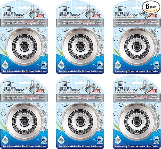 Kitchen SinkShroom Revolutionary Clog-Free Stainless Steel Sink Strainer, Black, 6-Pack