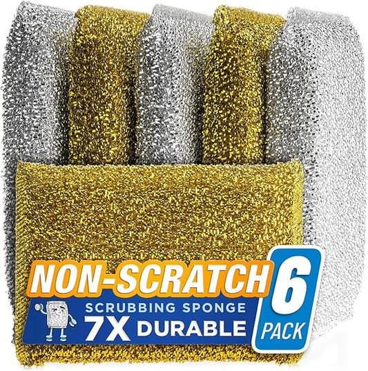 SPONGENATOR Kitchen Scrubbing Sponges - Heavy Duty Non Scratch Scrubbing Cleaner Sponges in 2 Colors - Multi Surface Non Metal Dish Scouring Scrubbers for Fast Cleaning (Gold & Silver, 6)
