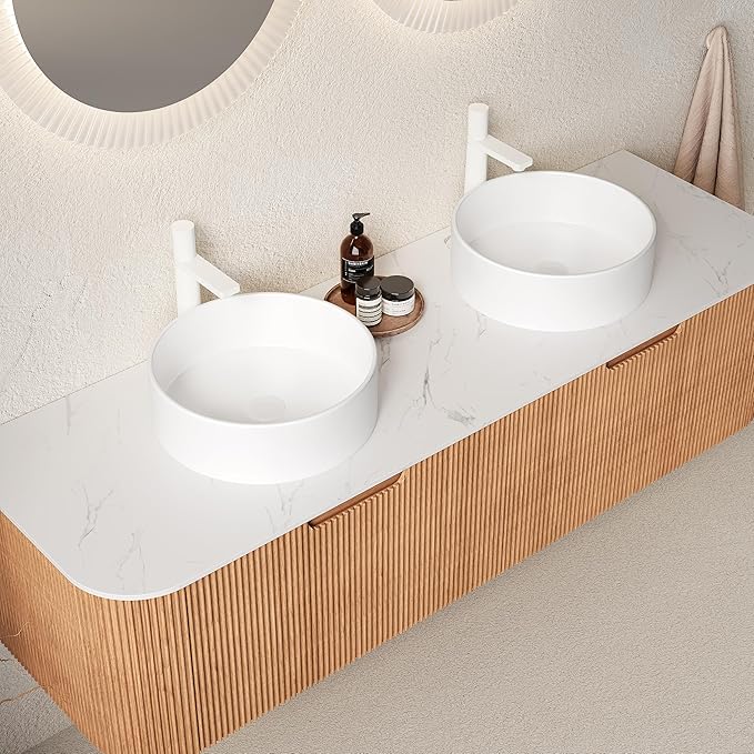 KEIKI 60" Wall-Mounted Floating Vanity, Modern Bathroom Vanity with Sinks and 3D Striped Drawer Fronts, 2 White Ceramic Vessel Basins, Pre-Assembled Storage Cabinet for Bathroom, Natural Wood