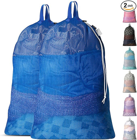 Large Mesh Laundry Bags - 2-Pack Heavy Duty with Handles & Drawstring - Machine Washable Net Laundry Sacks for College Dorm, Camp, Travel, Bedding & Clothes Storage (Blue)
