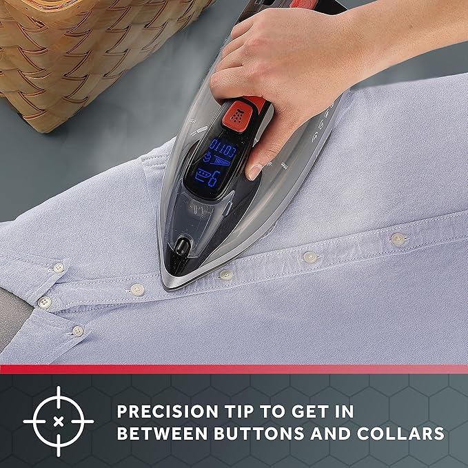 Sunbeam Professional 1700W Digital Steam Iron, 11-Heat Settings, Multi-Color LCD Display Screen, Precision Ironing, Horizontal or Vertical Shot of Steam, 8' Retractable Cord, Black and Red