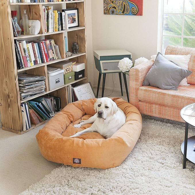 Majestic Pet 52 Inch Micro Velvet Calming Dog Bed Washable – Cozy Soft Round Dog Bed with Spine for Head Support - Fluffy Donut Puppy Mat 52x35x11 (inch) X- Large – Orange