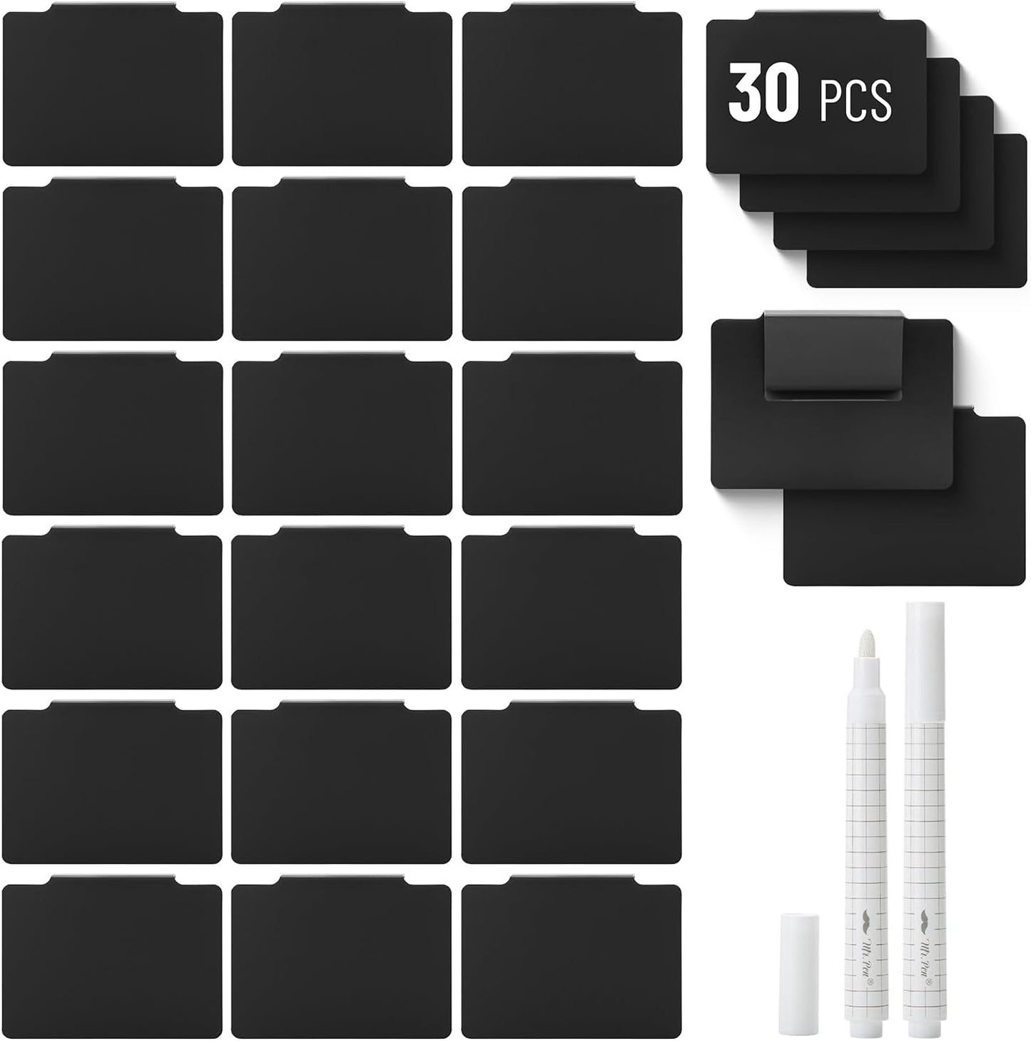 Basket Labels Clip On Set, 32 pcs — 30 Removable Bin Labels Clip On with 2 Chalk Markers