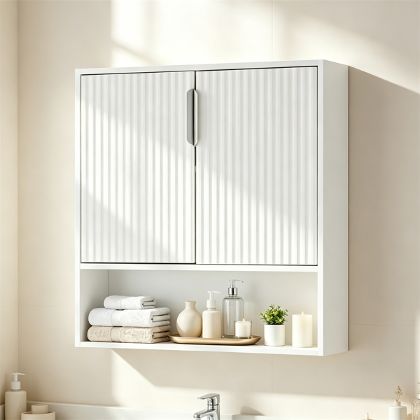 Wall Mounted Bathroom Cabinet, Modern Fluted Panel Storage Cabinet With Adjustable Shelf, 2-Door MDF Medicine Cabinet For Bathroom Kitchen Laundry Room Organization - Image 7
