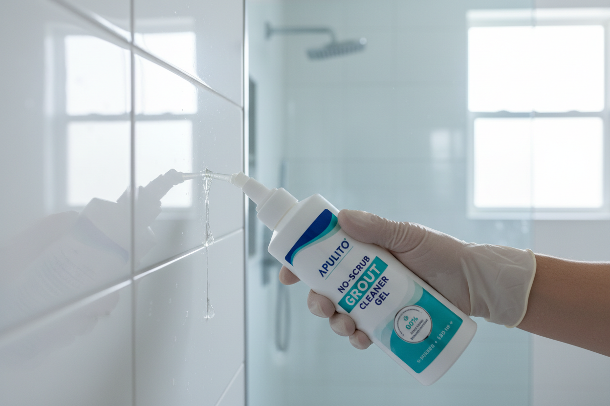 APULITO no-scrub cleaner gel being applied to white bathroom tile grout lines
