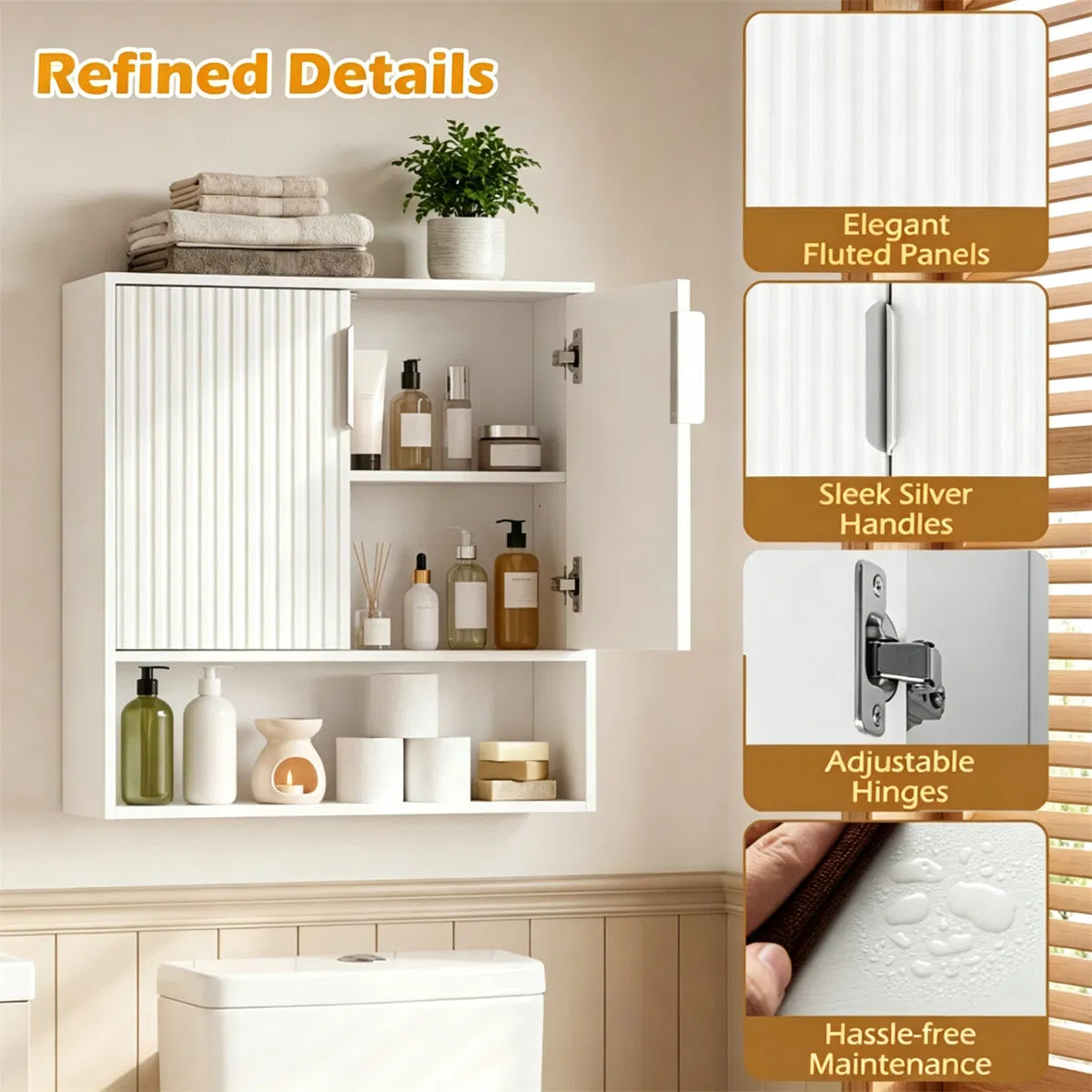 Wall Mounted Bathroom Cabinet, Modern Fluted Panel Storage Cabinet with Adjustable Shelf, 2-Door MDF Medicine Cabinet for Bathroom Kitchen Laundry Room Organization - Image 8