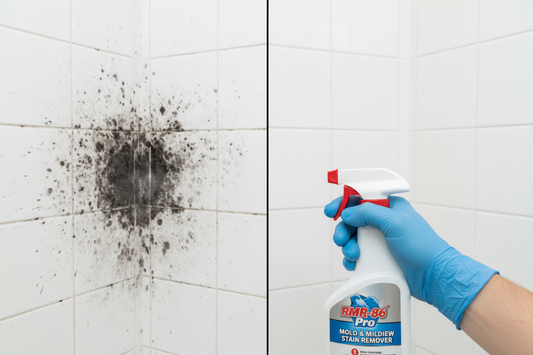 RMR-86 Pro contractor grade mold remover before and after results on bathroom tile grout stains
